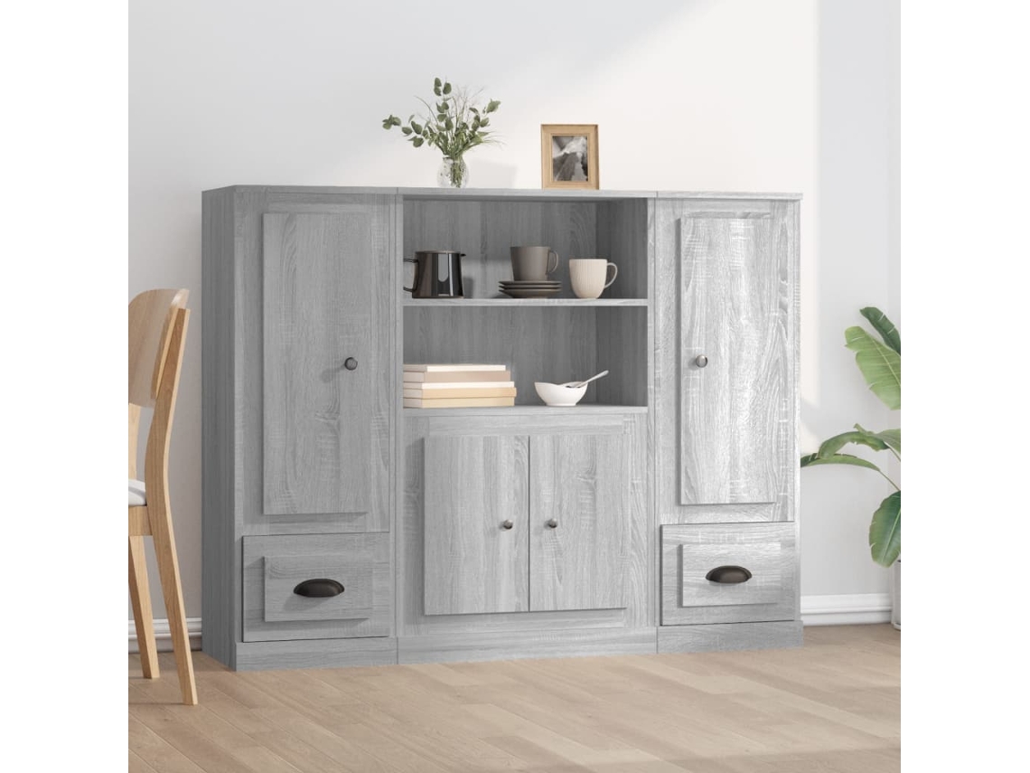 3 Uds Aparador Alto | Mueble De Comedor | Buffet Alto Madera Contrachapada Gris Sonoma Wsd68864