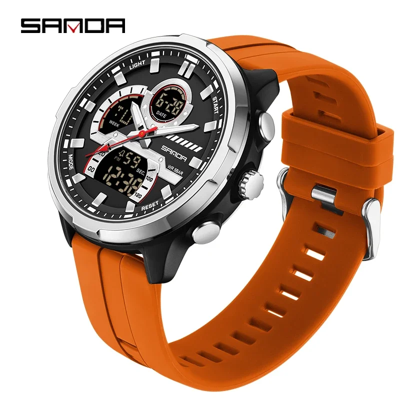 (plata Y Naranja) Reloj Digital Para Hombre Con Doble Pantalla – Reloj Deportivo De Cuarzo Multifunción, Resistente Al Agua Y Luminoso