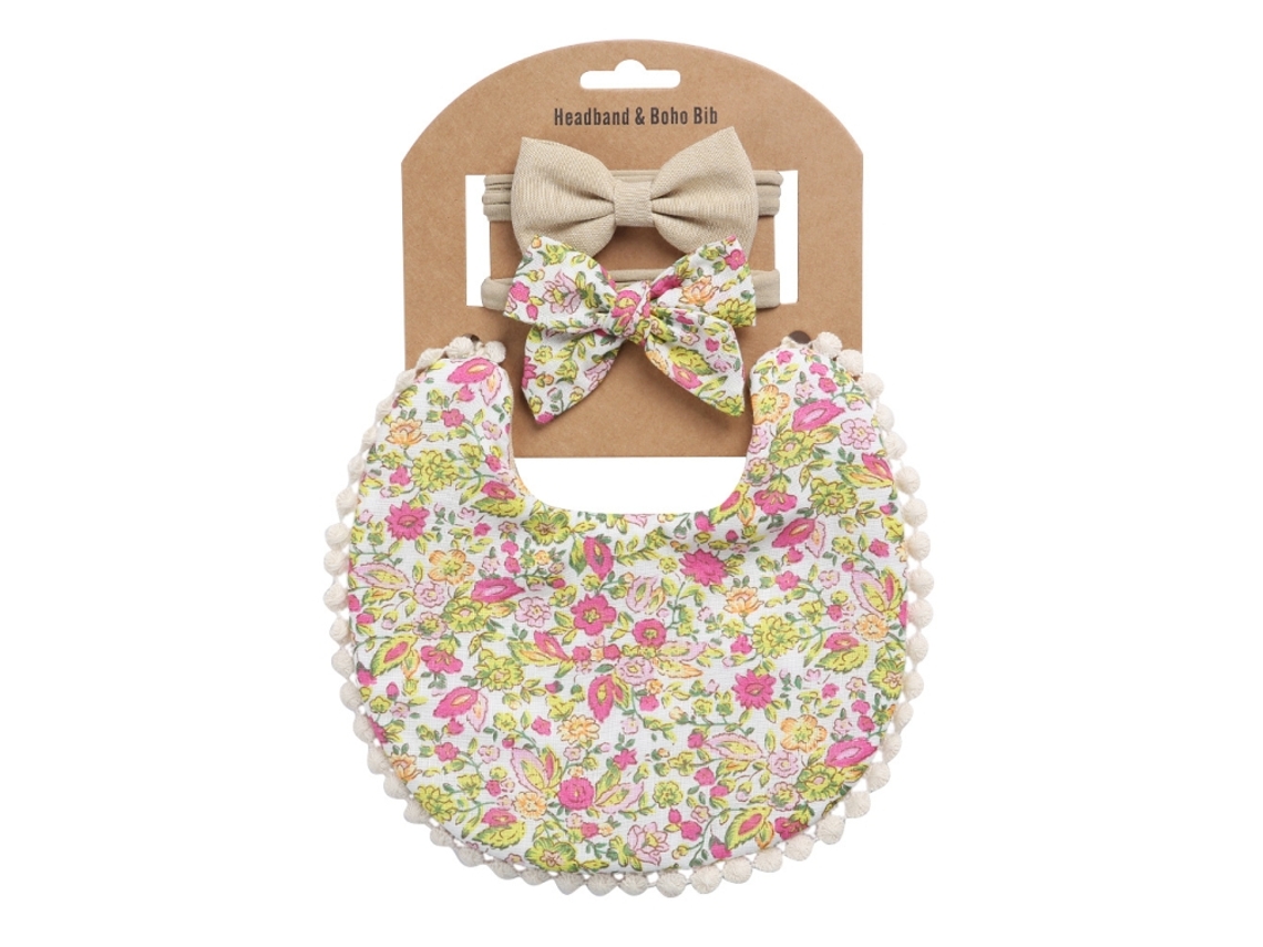 Babero reversible de lino y algodón estampado para bebé con diadema y toallita para la saliva DP021 10 XIAOMOYU