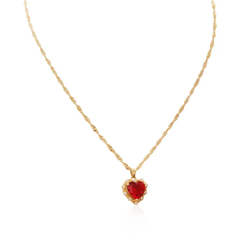Collar chapado en oro con colgante de circonita cúbica en forma de corazón, gargantilla para mujer con cadena de acero inoxidable. MDUG (rojo)