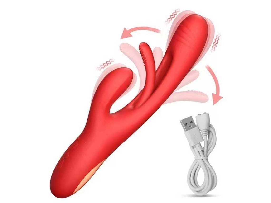 Vibrador De Dedo De Conejo Palpitante 3 En 1 - Juguetes Sexuales De Silicona Para Mujeres - Consolador - 24 Cm X 3,8 Cm - Rojo