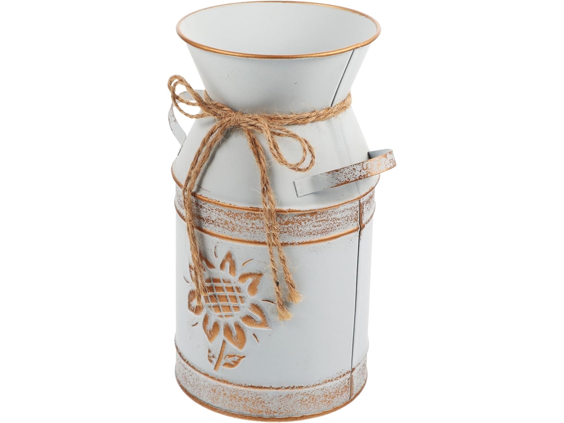 Jarrón De Metal Estilo Cubo Vintage, Blanco Con Asa Resistente