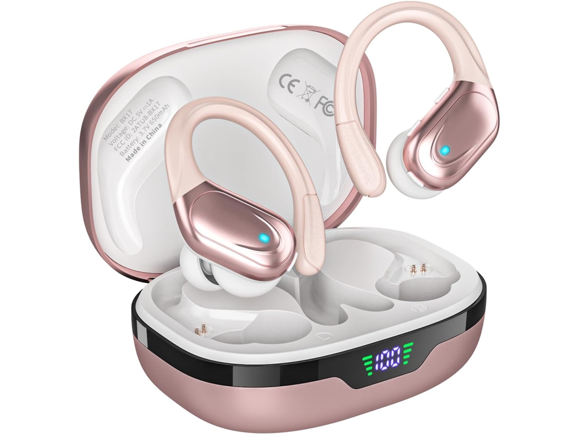 Auriculares inalámbricos, auriculares deportivos Bluetooth, 80 horas de reproducción, con indicador LED de batería (rosa)