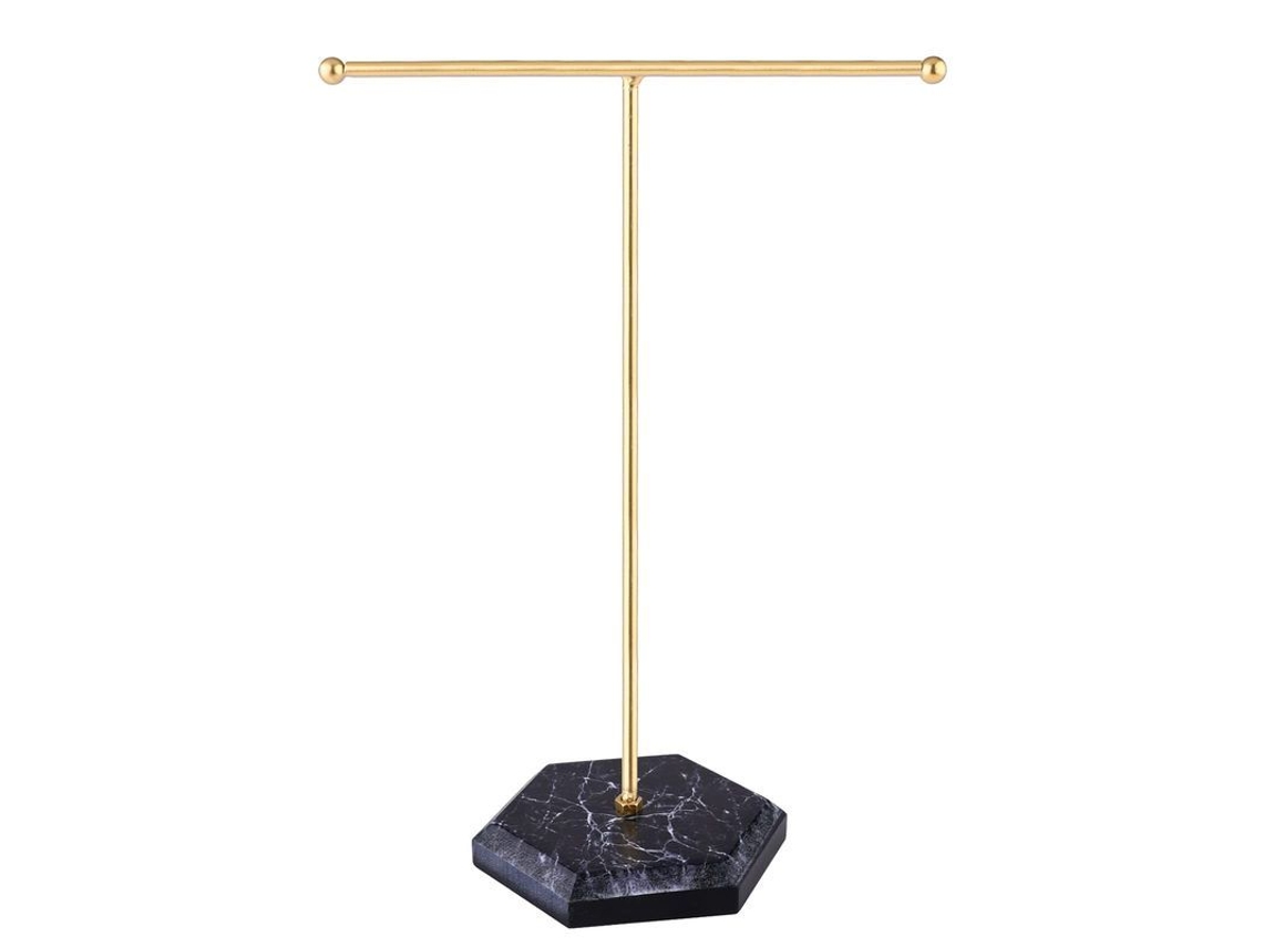 Porta Collares De Metal T-bar Con Plato Redondo De Patrón Marmol Color Negro
