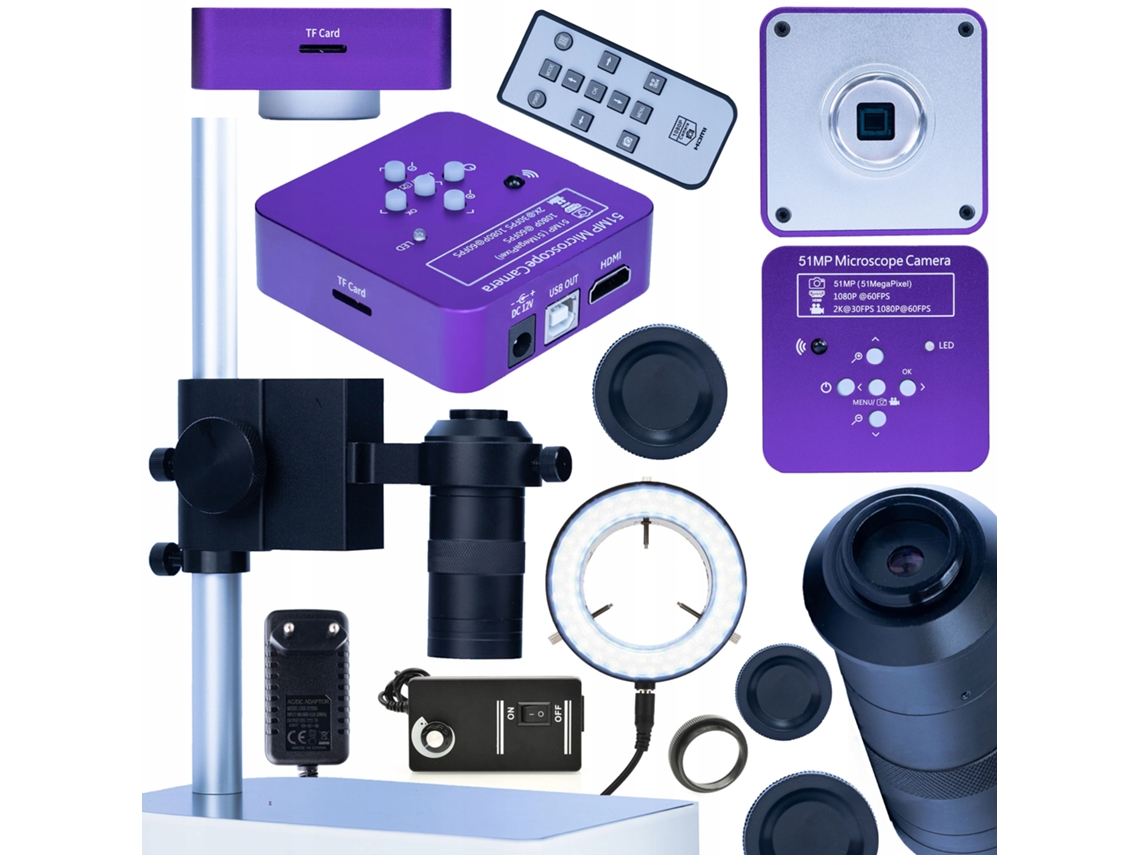 Microscopio Puppis Pink Pro 4 en 1: cámara HDMI/USB de 51 MP | Lente 100x | Iluminador LED