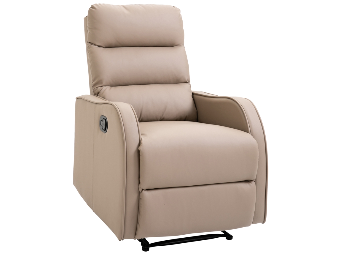 Sillón Reclinable De 160° Máx. Con Reposapiés, En Piel Sintética, Madera Y Acero, 65x89x100 Cm, Marrón Claro.