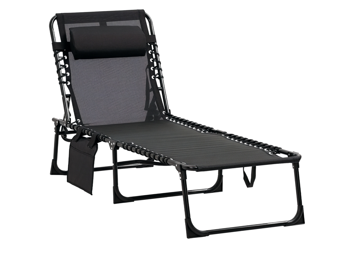 Tumbona Plegable Reclinable Con 5 Posiciones Reposacabezas Extraíble Bolsillo Lateral Textileno Acero 189x58x30 Cm Negro