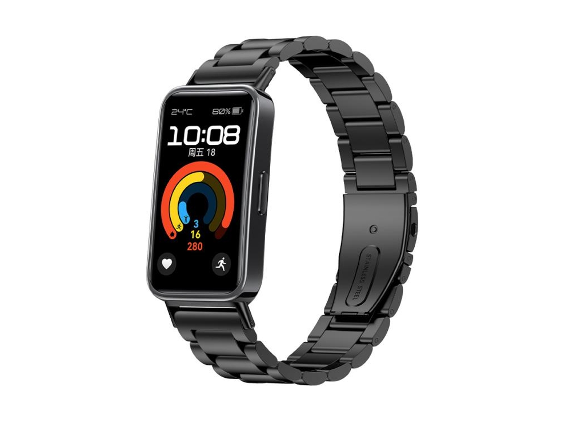 Bracelete Para Huawei Band 10 / 9 / 8 - Liga De Titânio - Fivela Plana - Contas Triplas Preta