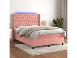 Cama Box Spring Colchón Y Led Terciopelo Rosa 140x190 Cm