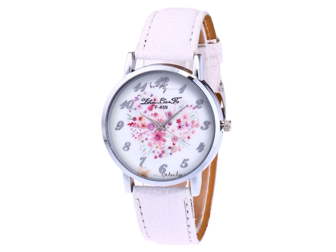 Reloj De Pulsera De Cuarzo Para Estudiantes Con Correa De Cuero Con Estampado De Lichi Blanco.