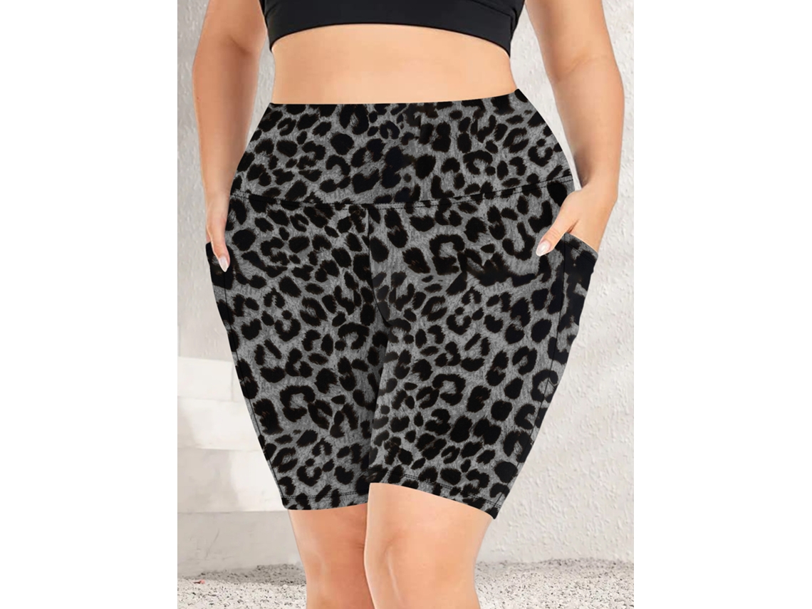 Shorts De Ioga Femininos Plus Size - Com Bolsos - 3xl Estampa De Leopardo Cinza Siurn