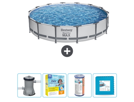 Piscina BESTWAY Round Steel Pro MAX - 427 x 84 cm - Gris - Bomba incluida Paquete de mantenimiento - Filtrar - Baldosas