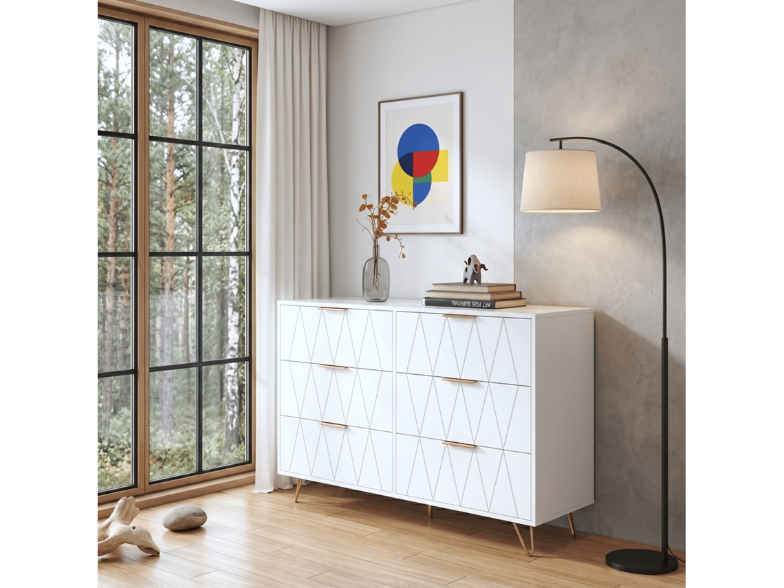 Cajonera De Dormitorio Y Pasillo Con 6 Cajones, Cómoda Y Mueble Auxiliar 100x34x72,5 Cm Con Patas Doradas Y Relieve Geométrico, Blanco