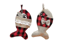 Juego de 2 medias navideñas para perros y gatos con forma de hueso y pez, con bolsa de regalo de yute a cuadros. Hengjian