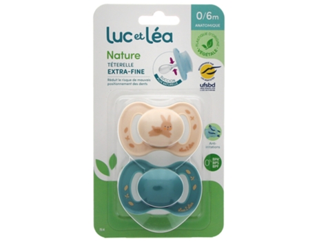 LUC ET LÉA Nature 2 Chupetes Anatomiques Téterelle Extra-Fine 0-6 Mois Modelo : Conejo Beis Y Azul