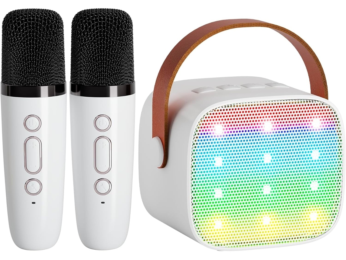 Mini máquina de Karaoke para niños y adultos Altavoz Bluetooth portátil con 2 micrófonos inalámbricos juguetes regalos de YEMAESRE