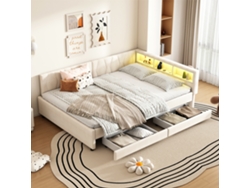 Sofá Cama 140x200 Cm Con Cajones, Led, Usb/usb-c, Estante Integrado, Somier De Láminas, Beige, Sin Colchón.