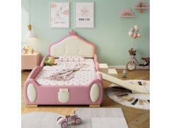 Cama Tapizada 90x200cm - Cama Infantil Con Luces Led, Pequeña Resbaladilla Y Escalera - Rosa + Beige
