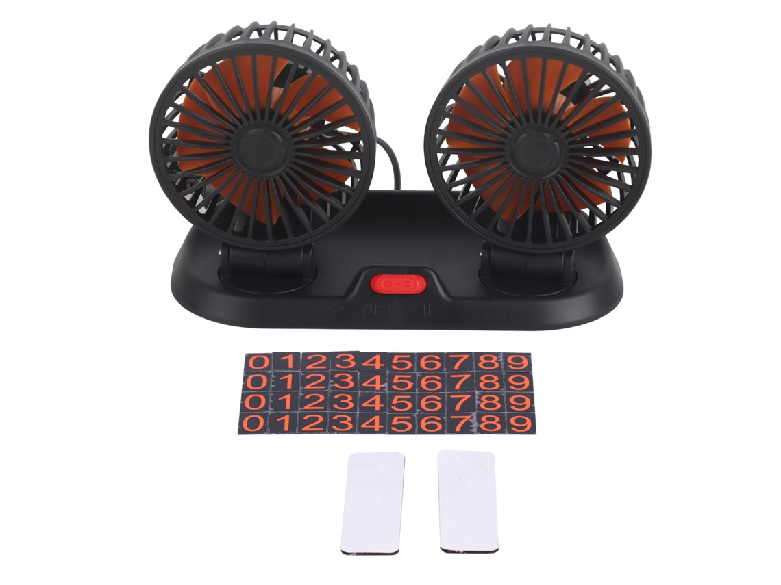 Ventilador eléctrico para coche de 360° y 24 V con aspas naranjas y 2 velocidades.