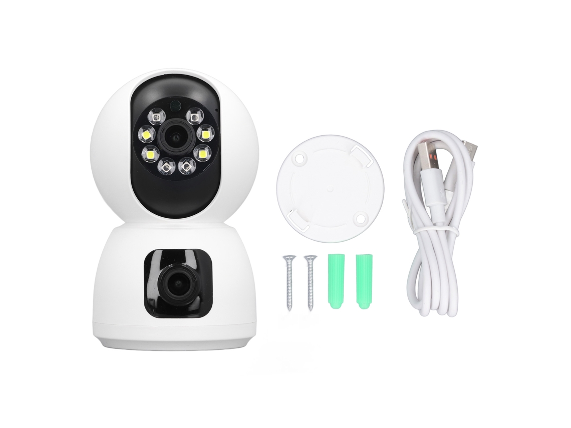 Cámara de seguridad para interiores con doble lente, Wi-Fi inalámbrico 1080p, visión nocturna y detección de movimiento para el hogar y las mascotas.