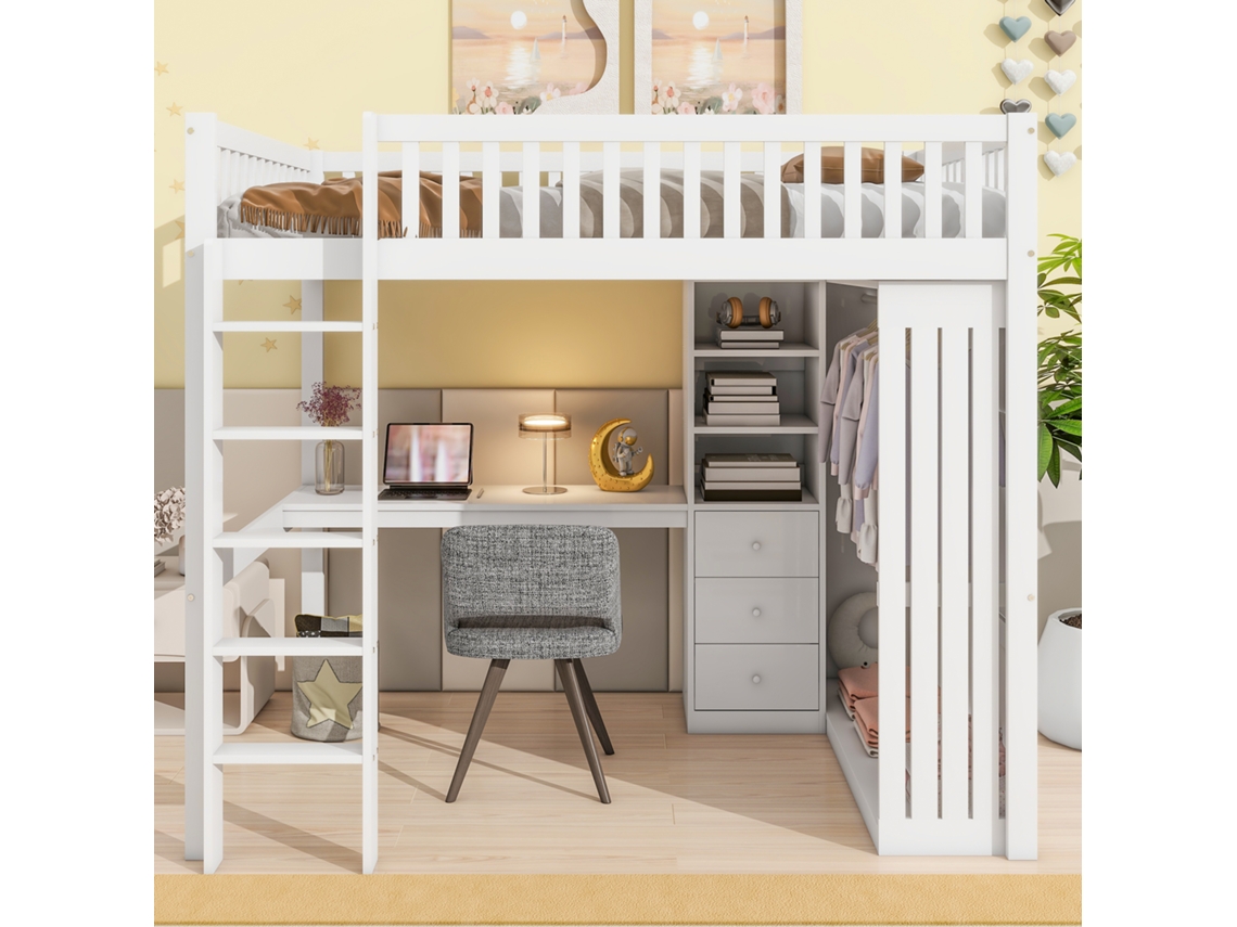 Litera Mezzanine 140x200 Cm Con Escritorio, Armario, 3 Cajones, Espacio Abierto, Barandilla, Escalera, Madera Maciza Mdf, Blanco