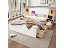 ama de Matrimonio 160x200 cm, Madera, 2 Mesitas de Noche, 2 Cajones, 2 Lámparas Lectura Giratorias con USB – Blanco+Natural (Colchón No Incluido)