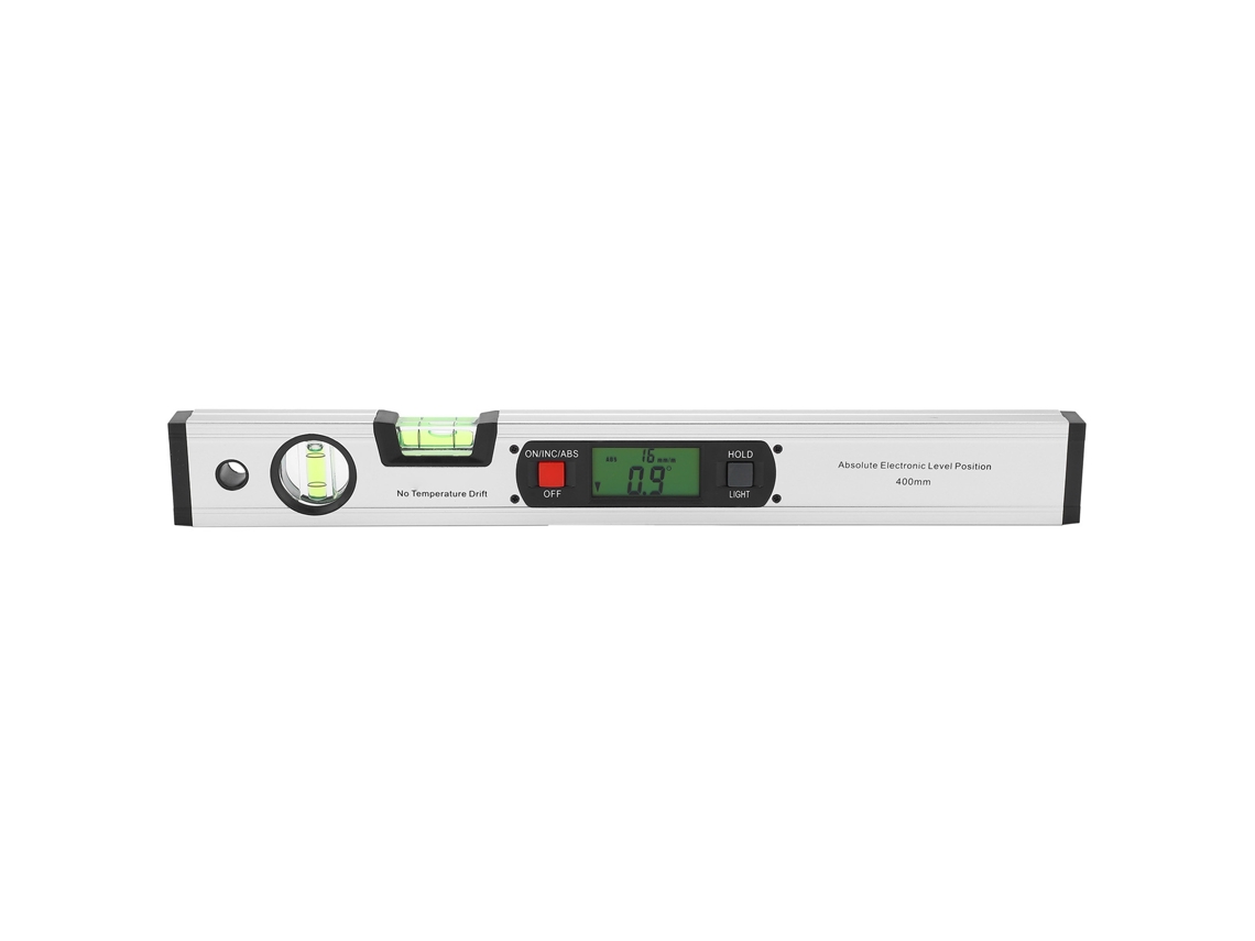 Regla angular digital 2026 de 400 mm con pantalla electrónica, nivel, transportador y buscador de ángulos para instalación de equipos.