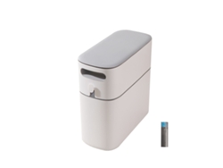 Papelera automática estrecha Baok para baño doméstico con tapa de cierre gris.