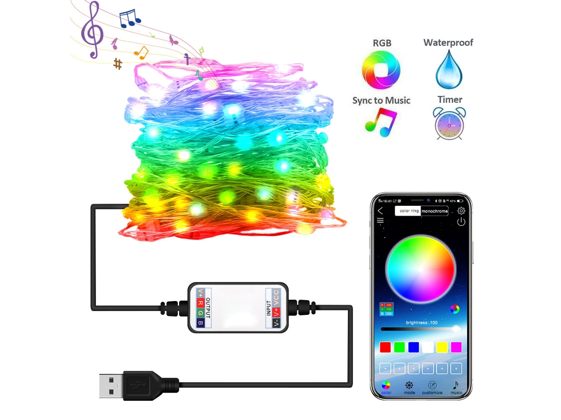 Guirnalda de luces USB Bluetooth con control por aplicación para Navidad