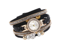 Reloj De Pulsera Multicapa De Diamantes De Imitación Para Mujer Con Cordón Trenzado Y Movimiento De Cuarzo Negro.