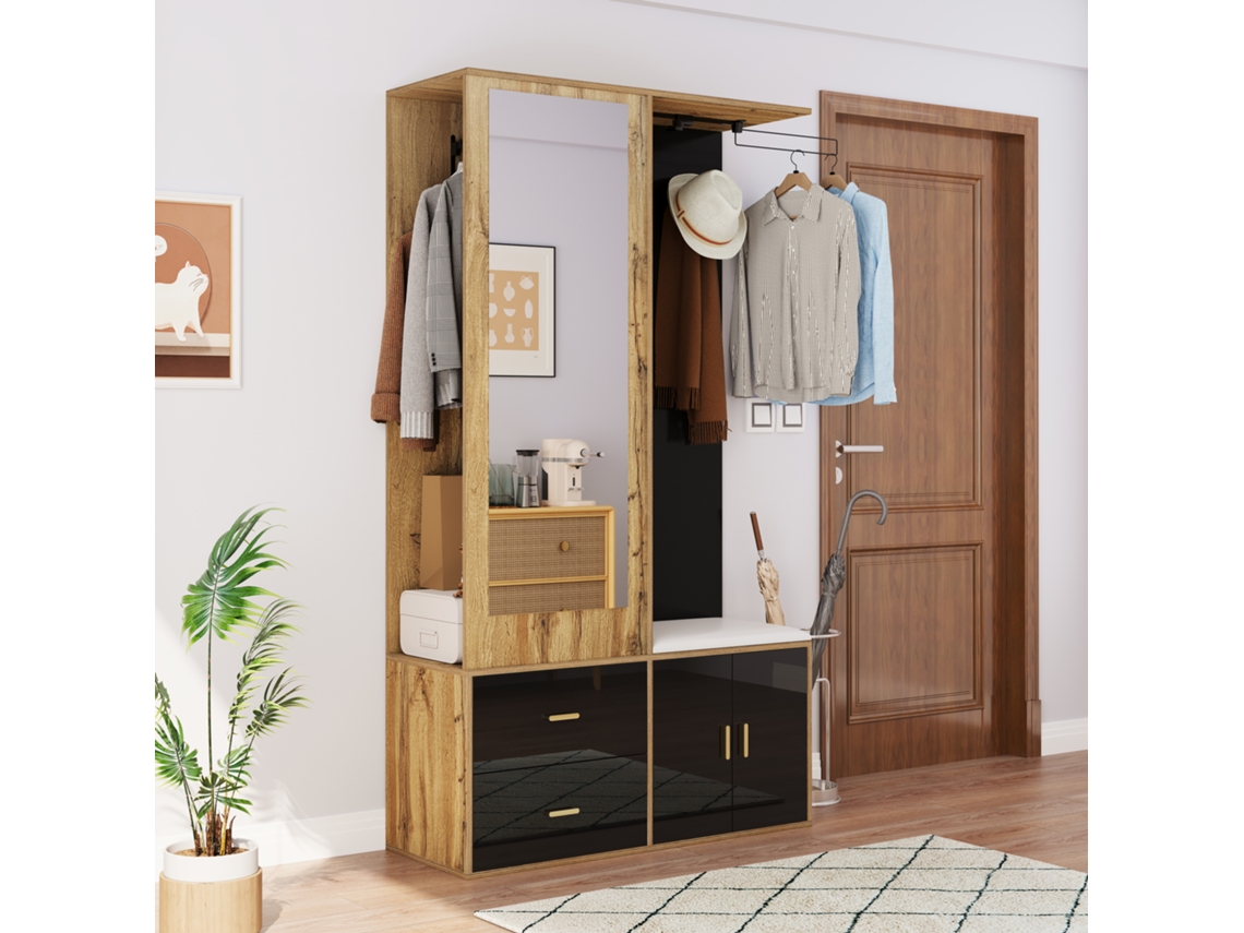 Juego De Armario - 5 Ganchos - Espejo, Zapatero, Banco Y Percheros Extensibles - Negro + Natural