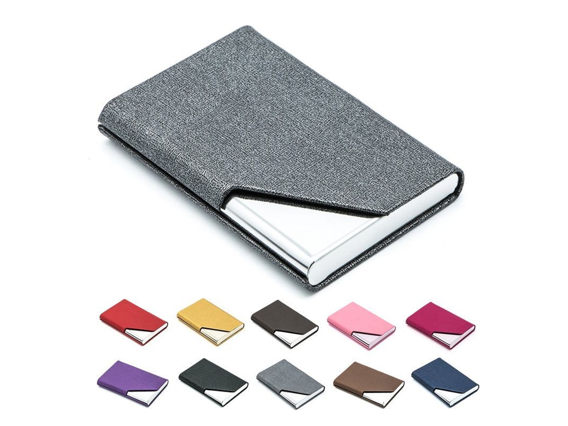 Carpeta de lujo para tarjetas de visita 2026rebe en piel sintética gris y acero inoxidable con múltiples compartimentos.