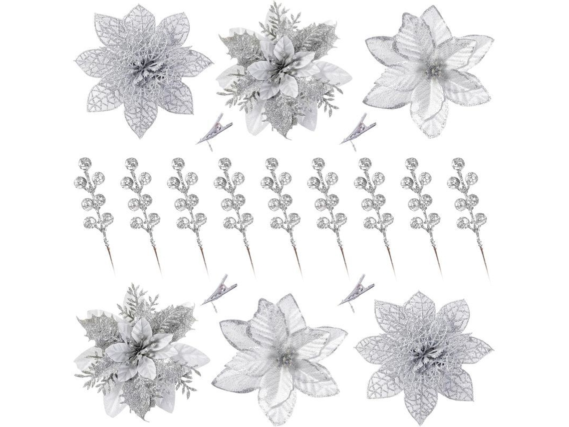 30 Flores De Nochebuena Con Purpurina Y Frutas Artificiales Para Decoración Navideña (plateadas)
