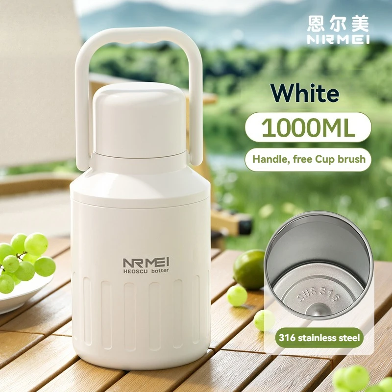 Botella De Acero Inoxidable Con Aislamiento Al Vacío (blanca, 1000 Ml), Apta Para Bebidas Frías Y Calientes, Con Asa, Ideal Para Acampar Y Viajar.