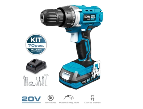 Kit Taladro Atornillador con 70 Accesorios 20V con Batería y Cargador Koma Tools EDM