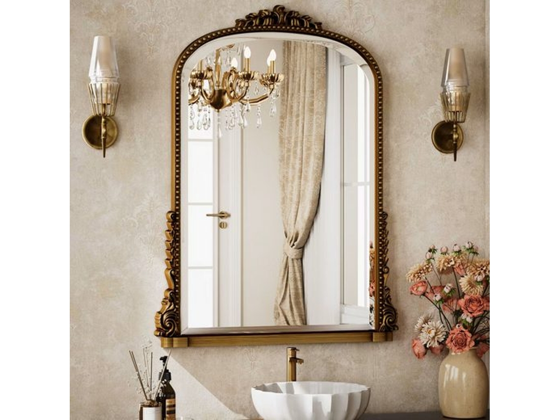 Espejo De Baño Vintage Arqueado De 61×81 Cm (diseño Barroco Con Marco De Madera Marrón Para Lavabo Y Pared)