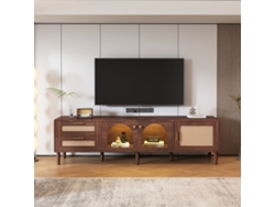 Mueble Tv Marrón Para Tv 80", 2 Cajones De Ratán, 2 Puertas De Vidrio Curvo, 1 Puerta De Ratán, Led, 8 Patas, 4 Ajustables, 180x40x50 Cm