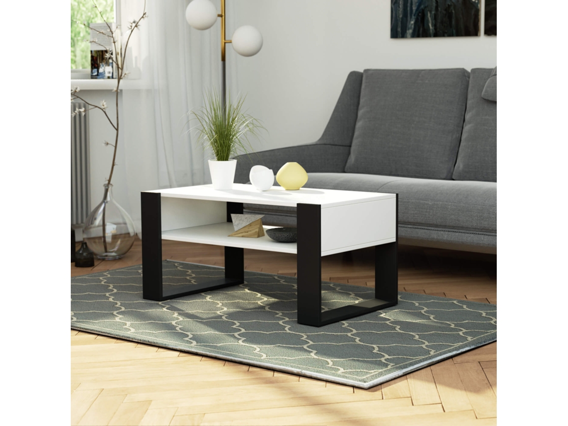 Mesa De Centro Akord Domi Blanco 92 Cm Con Patas En Color Negro 92x53x45 Cm