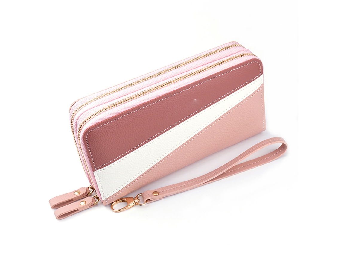 Cartera larga de PU con cremallera bidireccional, 2 compartimentos, gran capacidad, bolso de mano de color contrastante para mujer, adulto, uso diario, color rosa