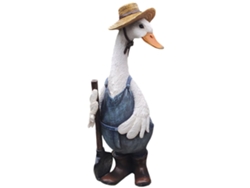 Simulación de estatua de pato y letrero de bienvenida