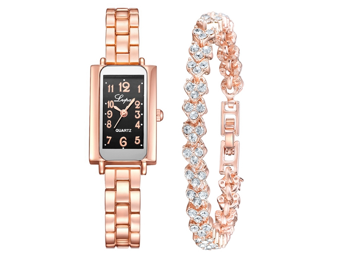 Reloj De Cuarzo Para Mujer Con Brazalete De Aleación, Oro Rosa, Negro, Elegante.