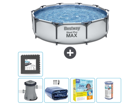 Piscina BESTWAY Round Steel Pro MAX - 305 x 76 cm - Gris - Bomba incluida Vela solar - Paquete de mantenimiento - Filtrar - Baldosas