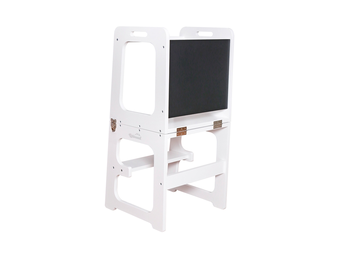 Torre de Aprendizaje Montessori ROBINCOOL Evolutive Ii Blanca 43X40X86Cm Barra de Seguridad Pizarra Y Convertible En Pupitre