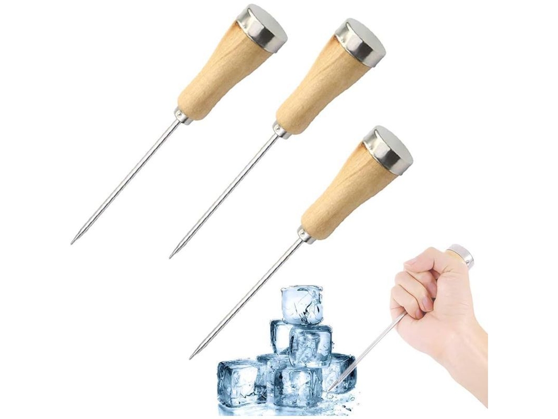 Rebe-3 Pinchos de hielo de acero inoxidable con mango de madera para bar, restaurante, cocina y camping.