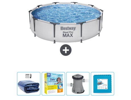 Piscina BESTWAY Round Steel Pro MAX - 305 x 76 cm - Gris - Incluida Vela solar - Paquete de mantenimiento - Bomba - Baldosas