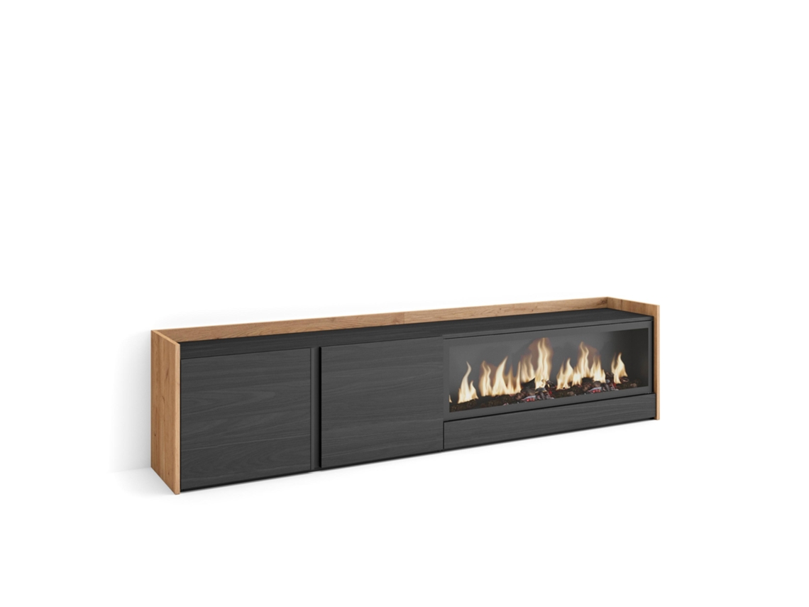 Mueble Tv, Televisión, 212x35x50cm, Para Tv Hasta 80", Chimenea Eléctrica Xxl, Negro Y Roble