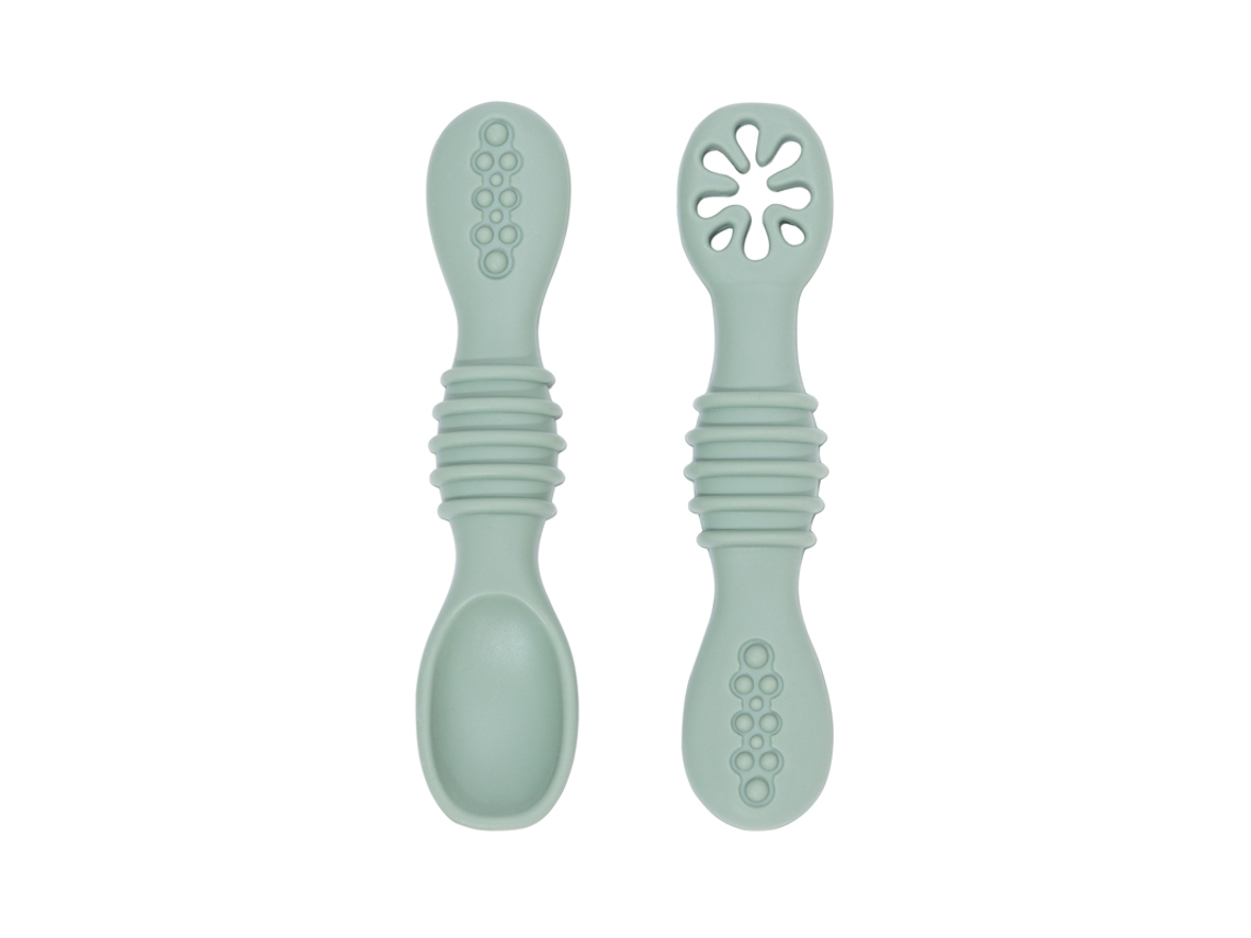 (gris Verde Claro) Juego De Cubiertos Para Bebé, Fabricado En Silicona De Grado Alimenticio, Con Cuchara Adhesiva.