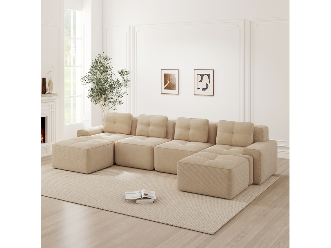 Sofá Modular 4 Plazas - U Chaise Longue, Cómodo, Tapizado, Antideslizante - Beige