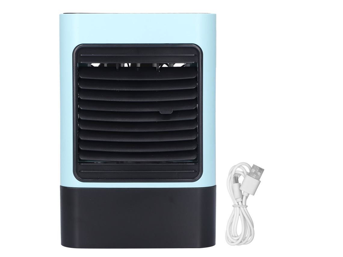 Mini enfriador de aire de 600 ml con luz ambiental azul.