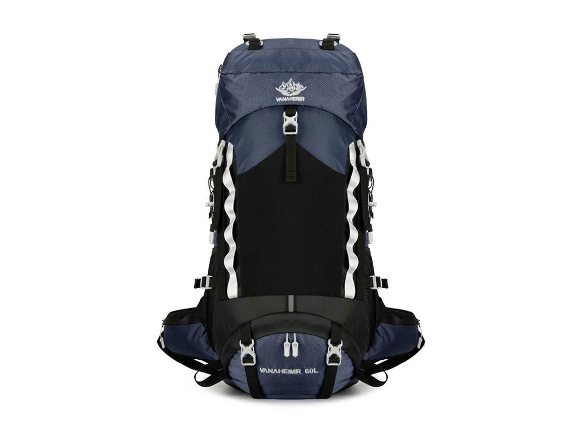 Mochila deportiva moderna fabricada en nylon, con una gran capacidad de 60 litros, ideal para montañismo y acampada, en color azul oscuro.